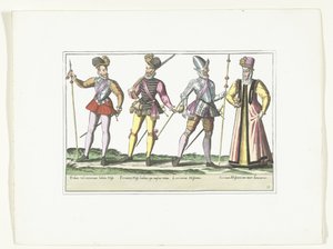 Drei spanische Soldaten in Uniform und eine Marketenderin, ca. 1580 von Anonymous