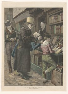 Drei Männer und ein Junge vor der Auslage einer Buchhandlung, der Besitzer in der Tür von Anonymous