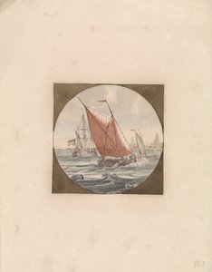 Drei Segelschiffe auf See und eine Stadt an der Küste von Anonymous