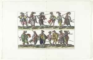 Doppelte Platte mit dreizehn bewaffneten Bürgern in Uniform nach der Mode in Antwerpen, ca. 1580