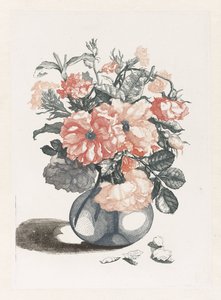 Fünf Drucke von Blumen in Glasvasen