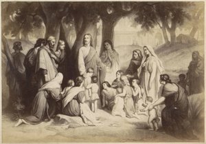 Fotoreproduktion einer (vermutlich) Druckgrafik von Jesus mit Kindern (Lasst die Kinder zu mir kommen)