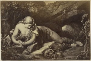 Fotoreproduktion einer (vermutlich) Druckgrafik von einer betenden Maria Magdalena in der Wildnis von Anonymous