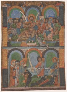 Fragment eines liturgischen Buches: das Letzte Abendmahl und die drei Frauen am leeren Grab von Anonymous