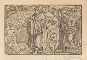 Gelehrter umgeben von Emblemen mit Heraldik und der Personifikation der Weisheit von Anonymous