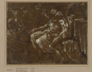 Gruppe von Philosophen um einen Globus (Abraham und Lot teilen die Welt?)