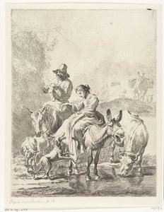 Hirtin auf Esel und Hirte auf Pferd überqueren Bach