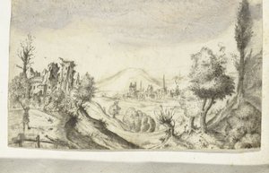 Hügelige Landschaft mit Jäger und Ruine
