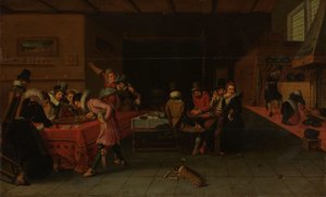 Innenansicht einer Taverne oder eines Bordells mit Menschen, die trinken und Trictrac spielen