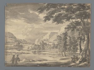 Italienische Landschaft mit zwei Figuren im Vordergrund links