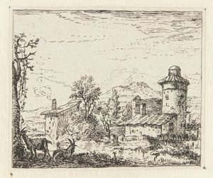 Italianisierende Landschaft mit rundem Turm und zwei Ziegen von Anonymous