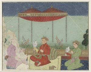 Jahangir sitzend unter einem Baldachin auf einer Terrasse