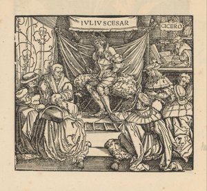 Julius Caesar in einer Ratsversammlung und Cicero schreibend im Hintergrund von Anonymous