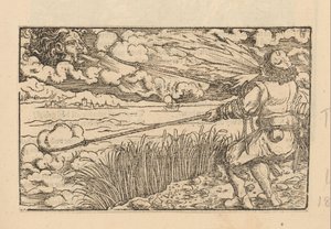 Landarbeiter versucht, eine Wolke zu fangen, während eine Wolke zurückbläst