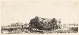 Landschaft mit Hütten und einer Heuscheune: querformatig