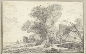 Landschaft mit Baumgruppe und Planwagen