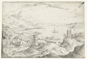 Landschaft mit breitem Fluss und Dorf