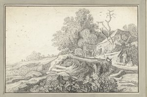Landschaft mit einem Wagen und Figuren bei einem Bauernhof von Anonymous
