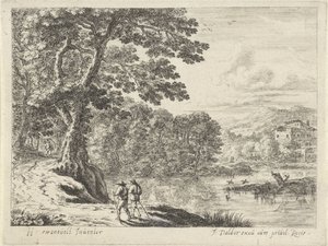 Landschaft mit einem Hausierer und Spaziergängern