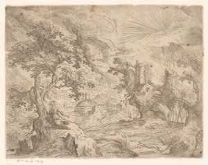 Landschaft mit Fluss und Bauwerk auf Felsen