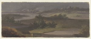 Landschaft mit Flussbiegung und dunklem Himmel