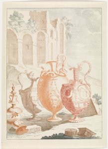 Landschaft mit Ruine und drei Vasen