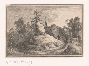 Landschaft mit Wasserfall und einer Kirche