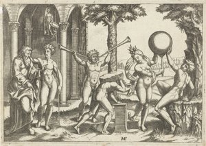 Mann mit zwei Trompeten und Mann mit Stein auf dem Rücken flankiert von Mann und Frau mit Globus und altem und jungem Mann
