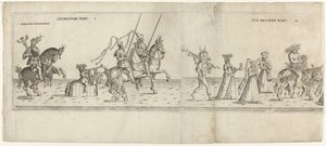 Parade mit verkleideten Figuren, darunter Reiter Bernhart von Ahren, ein Esel mit einem Spieß, Janus, Bacchus auf einem Esel und zwei Musikanten von Anonymous