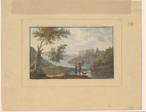 Flusslandschaft mit einem Mann, einer Frau und einem Hund im Vordergrund