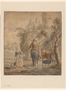 Flusslandschaft mit einem Reiter, Frau und Vieh