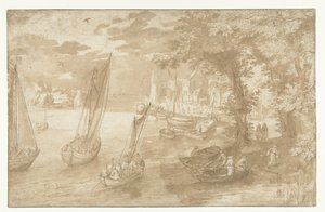 Flusslandschaft mit Anlegestelle rechts