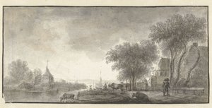Flusslandschaft mit Vieh und einigen Häusern