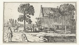 Reiter auf einem Weg entlang eines Bauernhofs