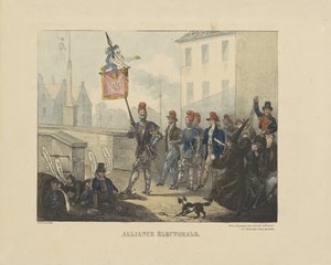 Karikatur auf das Bündnis zwischen der römisch-klerikalen Partei und der liberalen Partei gegen die niederländische Regierung, 1828 von Anonymous