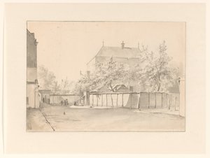Stadtansicht mit einem hohen, von einer Steinmauer umgebenen Haus von Anonymous