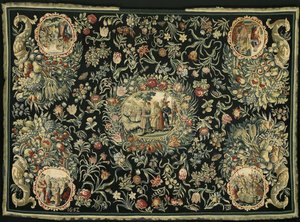 Tischdecke mit der Geschichte von Josef und einem Blumenmuster von Anonymous