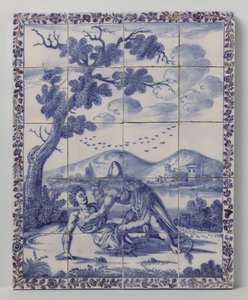 Fliesentableau mit einer Landschaft in Blau und mythologischer Darstellung: Herkules und Achelous von Anonymous