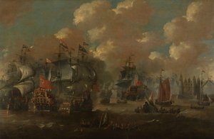 Die Schlacht im Sund mit der Eendracht im Kampf gegen zwei schwedische Kriegsschiffe, 1658