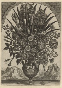 Vase mit Blumen in einem bogenförmigen Fenster von Anonymous