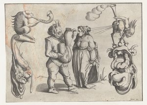 Frau und männliches Monster mit Kanne und Becher von Anonymous