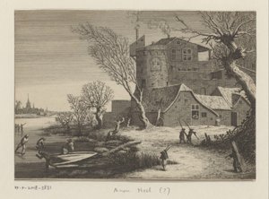 Winterlandschaft mit einem Bauwerk an einem zugefrorenen Fluss