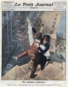 Ein Paar extremer Tänzer, entwickelt sich auf dem Sims eines Wolkenkratzers in New York. Illustration aus „Le petit journal illustré“ vom 21.08.1921. Private Sammlung von Anonymous Anonymous