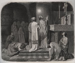 Eine Feuerkugel erscheint über dem heiligen Martin, Bischof von Tours (316-397), während er arbeitet. Gravur von 1846 in „Lives of the saints“. Private Sammlung von Anonymous Anonymous