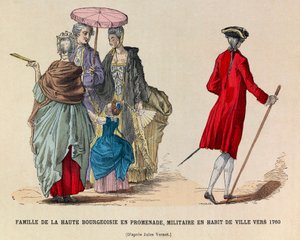 Eine Familie der hohen Bourgeoisie beim Spaziergang und ein Soldat in Stadtkleidung im Jahr 1760 (Herrschaft von König Ludwig XV.) - Private Sammlung von Anonymous Anonymous