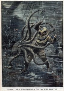 Ein riesiger Oktopus überwältigt fast den amerikanischen Taucher Martin Lund - Ein riesiger Oktopus greift den amerikanischen Taucher Martin Lund an - Kampf eines Tauchers gegen einen Oktopus - „The Petit Journal“ von Anonymous Anonymous