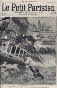 Unfall in der Seine in Paris - Das Sinken eines Omnibusbootes: Die Besatzung des Bootes springt in die Seine, um zu entkommen. Le Petit Parisien, am 18.12.1898. von Anonymous Anonymous