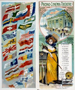 Werbung: Phono - Kino - Theater: berühmte Künstler sehen und hören. Chromolithographie veröffentlicht auf der Weltausstellung 1900 mit den Flaggen verschiedener Länder. Paris, Musée Carnavalet - Plakatwerbung „Phono - Kino - Theater: berühmte Künstler sehe