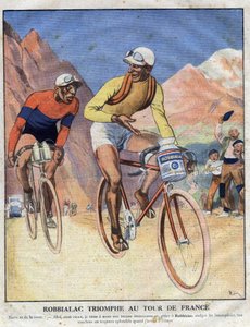 Werbung für die Farbe Robbialac: „Robbialac triumphiert bei der Tour de France“. Ein Radfahrer preist die Vorzüge der Robbialac-Farbe für sein Fahrrad. Gravur. Eine der „Die kleine Zeitschrift illustriert“ von Anonymous Anonymous