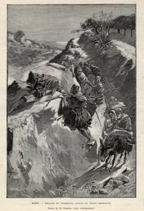 Aufstand im Andjera-Gebirge in Marokko: Hinterhalt der Angherristen, die auf die Scherifentruppen warten. Gravur in „Le monde illustré“ von 1892. Private Sammlung. von Anonymous Anonymous